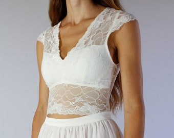 Lace wedding top with short sleeves, lace crop top, off white lace crop top, boho bridal top, wedding top vintage, weddig top wth V neckline