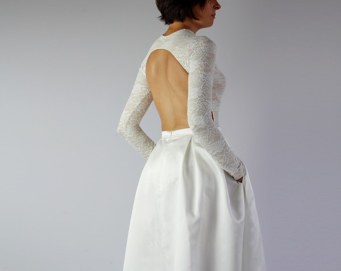 Long satin skirt with pockets and bridal bodysuit with open back
