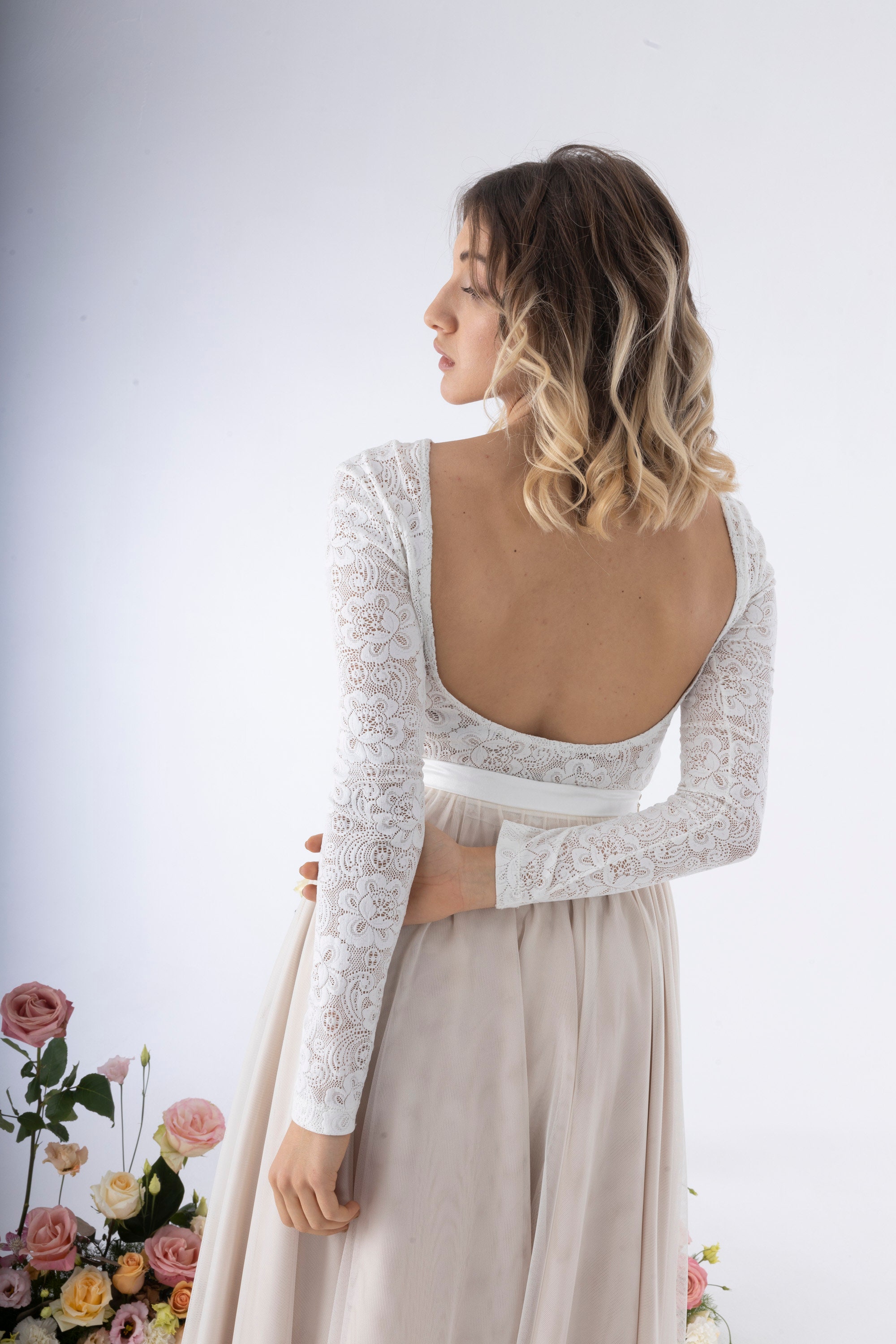 Wedding Lace Bodysuit With Long Sleeves and Open Back, Lace Bridal Bodysuit  With Low Back, Wedding Separates Dress, Boho Lace Wedding Top -  Canada