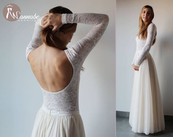 Two Pieces Wedding Dress Lace Top With Long Sleeves And Low Etsy