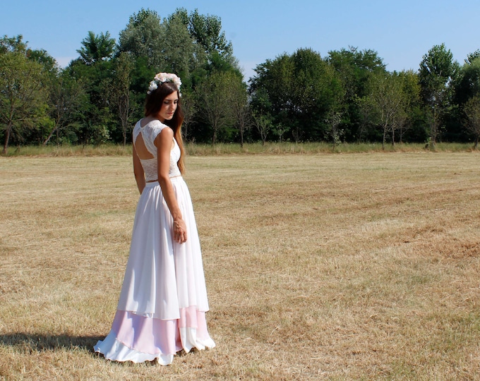 Lace crop top and chiffon layered skirt off white and dusty pink