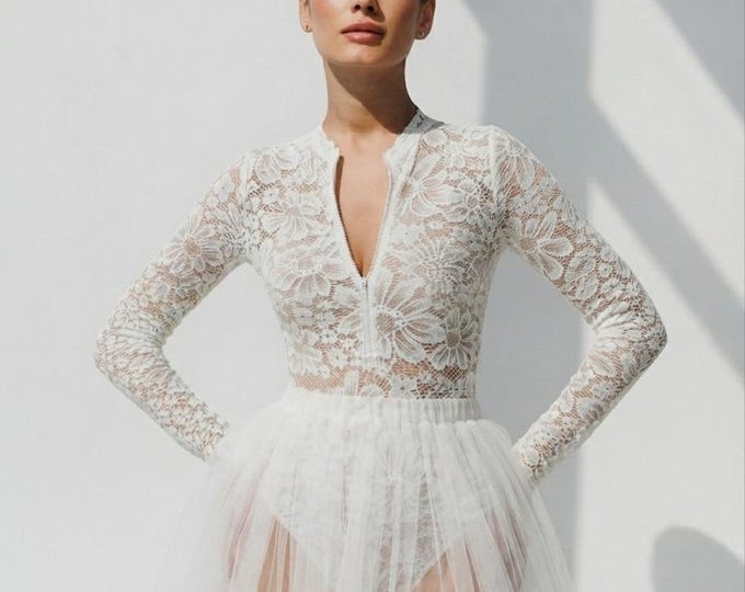 Two Piece Wedding Dress, Lace Bridal Bodysuit with Long Sleeves, Sheer Tulle Skirt | Modern Civil Wedding Gown, Minimalist Bridal Separate