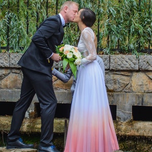 Ombre wedding skirt in customized colors, dip dyed tulle skirt, made in Italy, wedding tulle skirt with boho lace long sleeves bodysuit image 2