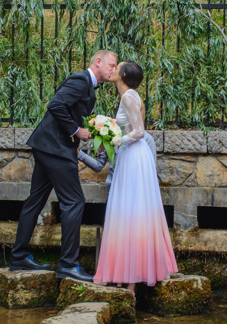 Ombre wedding skirt in customized colors, dip dyed tulle skirt, made in Italy, wedding tulle skirt with boho lace long sleeves bodysuit image 2