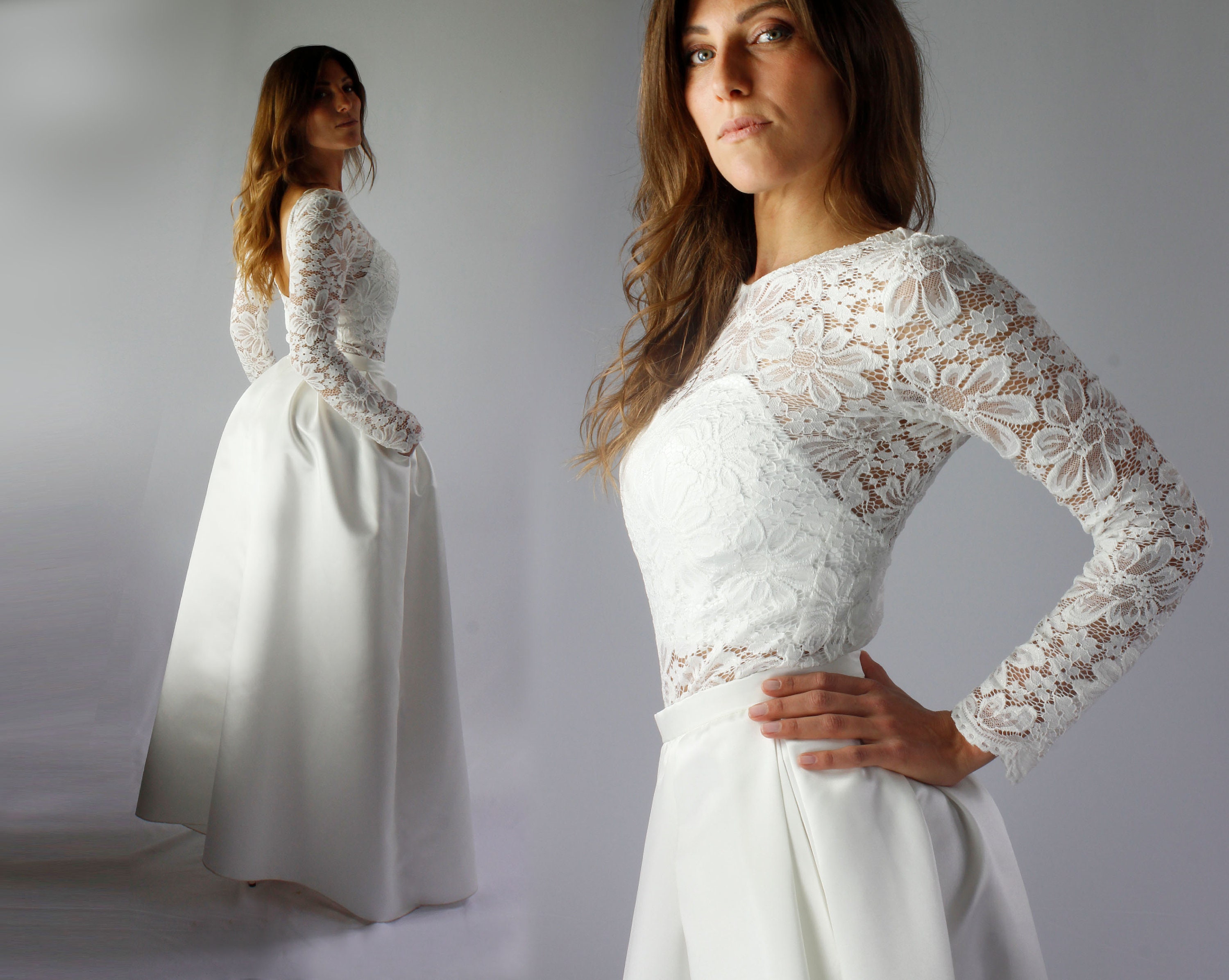 Separates wedding dress composed by a lace bodysuit with open back