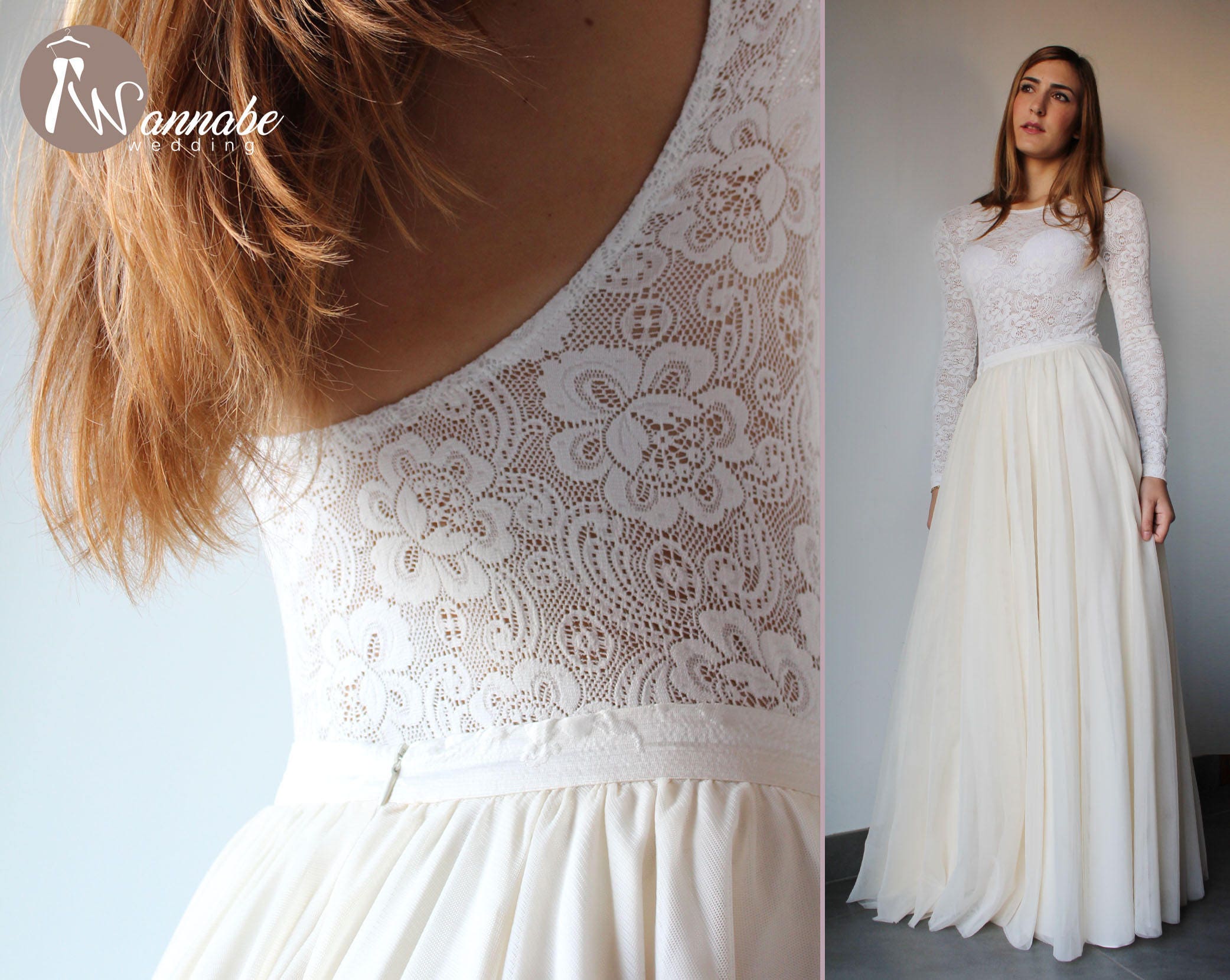 Lace bodysuit with long sleeves and low back with tulle skirt