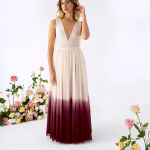 2 piece bridal dress, bridal crop top low back, wedding tulle skirt, alternative wedding dress, deep V neckline, ombre weddinng dress