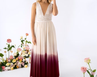 2 piece bridal dress, bridal crop top low back, wedding tulle skirt, alternative wedding dress, deep V neckline, ombre weddinng dress