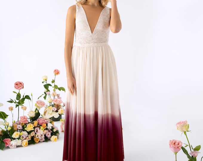 Lace bodysuit with deep V neckline and ombre tulle skirt