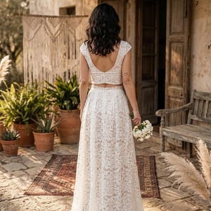 boho two piece prom dress Furlla Women Boho White Two-Piece Halter Prom Dress with Ruffled Crop Top & Maxi Skirt, White / US12