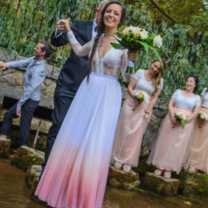 Ombre wedding skirt in customized colors, dip dyed tulle skirt, made in Italy, wedding tulle skirt with boho lace long sleeves bodysuit image 3