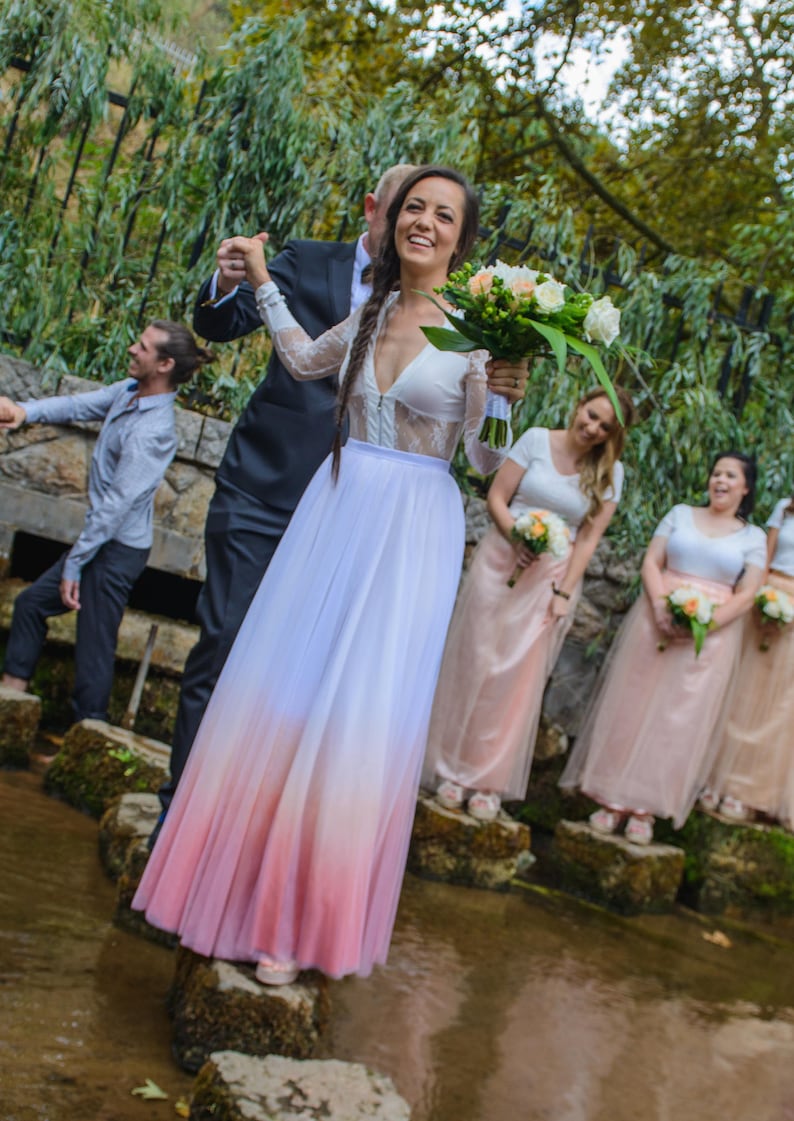Ombre wedding skirt in customized colors, dip dyed tulle skirt, made in Italy, wedding tulle skirt with boho lace long sleeves bodysuit image 3
