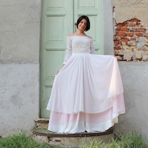 Boho wedding dress, lace bridal top and chiffon wedding skirt, long sleeves two pieces wedding dress, boho chiffon bridal skirt and lace top