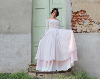 Off the shoulder weddinkg dress: lace bridal top and chiffon skirt, ombre wedding dree, long sleeves wedding top
