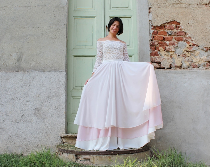 Lace off the shoulder top with long sleeves and layered chiffon skirt off white and blush color