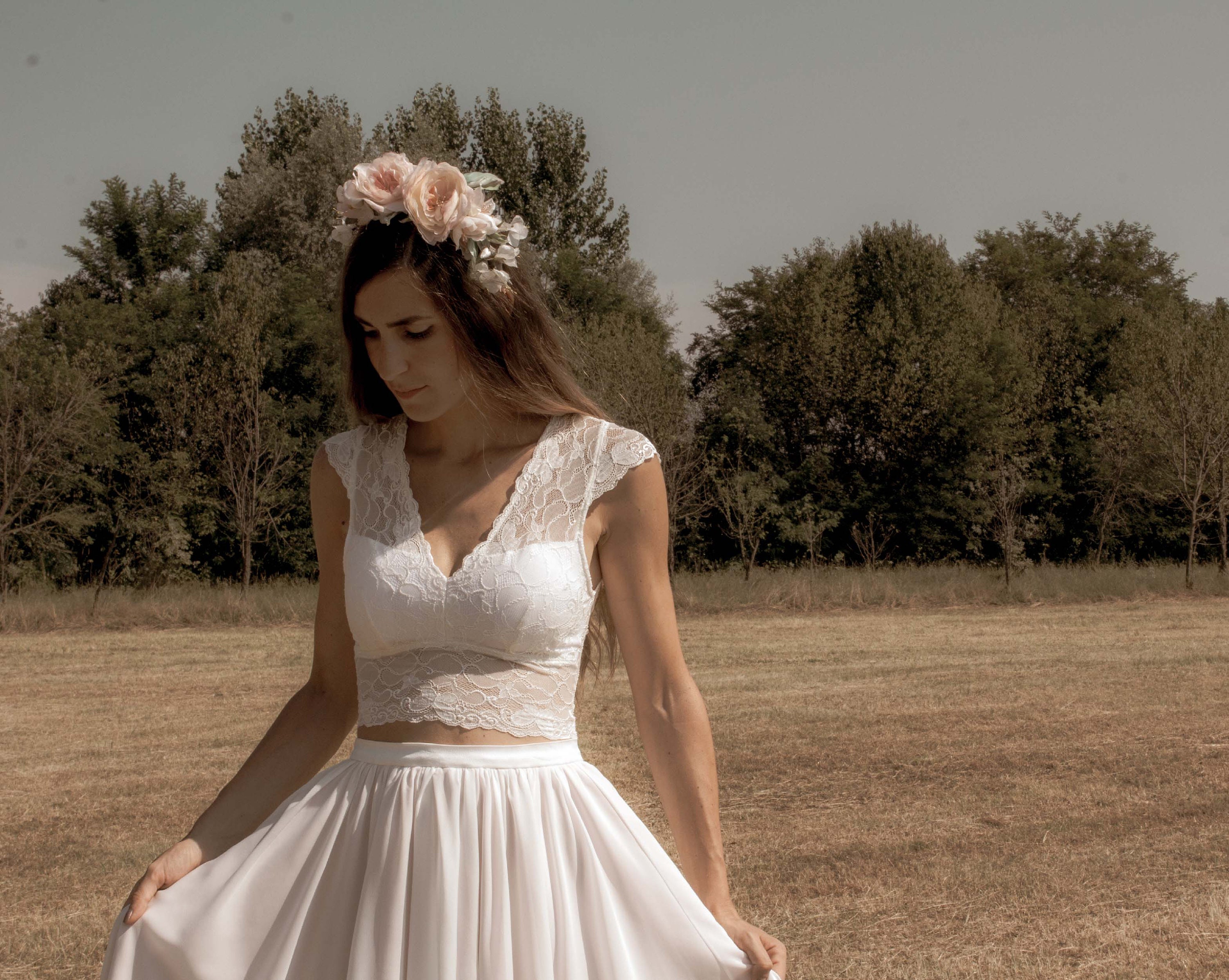 Rustic Wedding Dress: Lace Bridal Crop Top and Chiffon Wedding Dress, Blush  Wedding Dress, Open Back Wedding Dress, Lace Bralette Fairy Boho -  UK