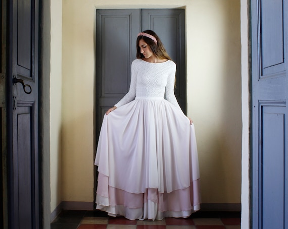 Lace Wedding Top With Long Sleeves and Chiffon Long Skirt, Two Pieces Wedding  Dress, Layered Chiffon Ombre Skirt, Simple Wedding Dress - Etsy