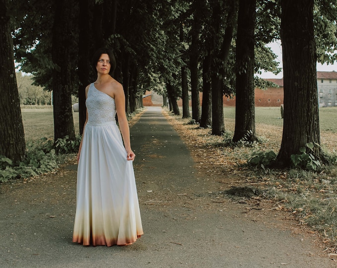 Lace one shoulder top and satin ombre skirt