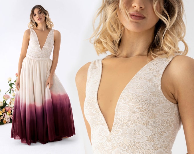 Lace bodysuit with deep V neckline and ombre tulle skirt