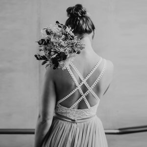 Lace bridal bodysuit with open back: backless wedding top, lace bridal top, cross back wedding two pieces, wedding dress with straps boho