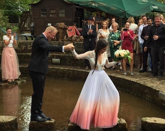 Ombre wedding skirt in customized colors, dip dyed tulle skirt, made in Italy, wedding tulle skirt with boho lace long sleeves bodysuit