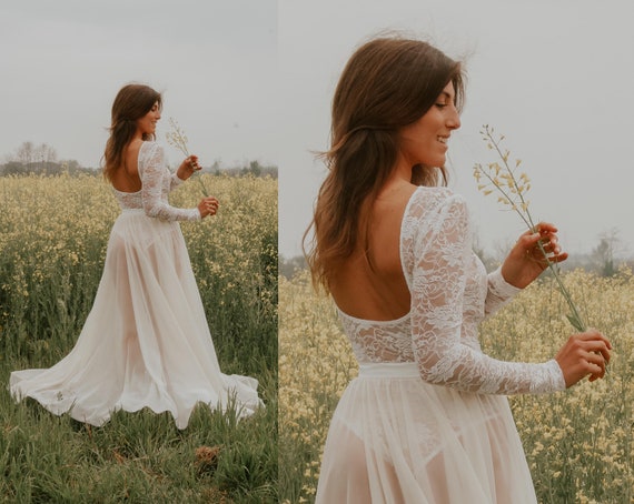 Wedding Dress Long Sleeves, Fairy Dress Perfect for Garden Wedding,  Elopement or Reception Dress: Bridal Bodysuit Backless With Tulle Skirt -   Canada
