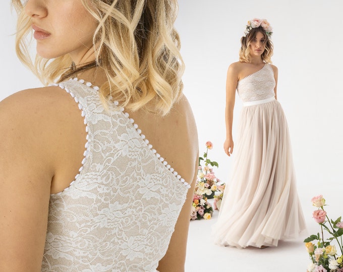 Lace one shoulder top with tulle skirt