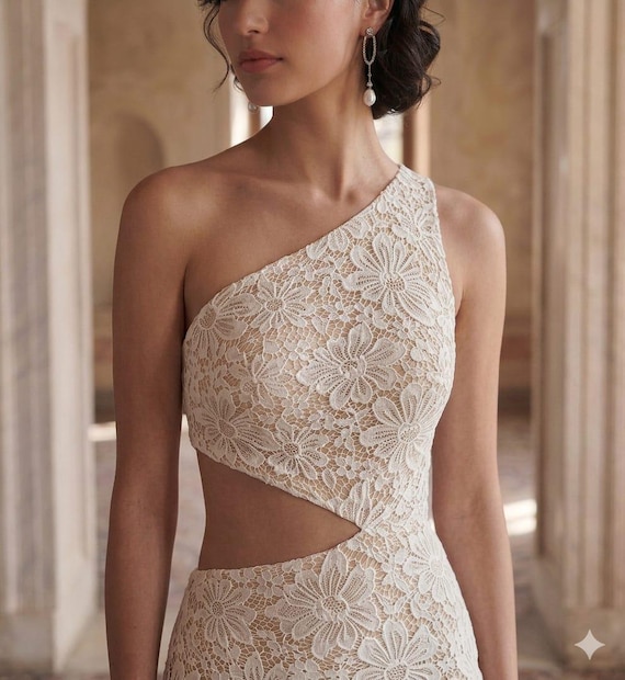 Boho Lace Wedding Dress | One Shoulder Bridal Gown With Waist Cutout & Train | Simple Elegant Ivory Floral Lace Mermaid Dress for Modern
