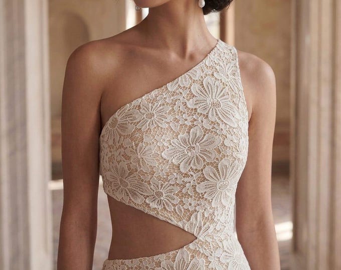 Boho Lace Wedding Dress | One Shoulder Bridal Gown with Waist Cutout & Train | Simple Elegant Ivory Floral Lace Mermaid Dress for Modern