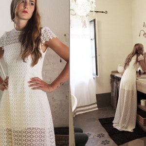 Boho wedding dress, bohemian wedding dress, lace wedding dress, romantic dressplus size,  lace bridal gowns short sleeve, vintage inspired,