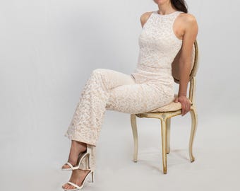Bridal jumpsuit with tulle skirt for alternative wedding dress, for engagement or elopement dress: short lace bridal romper wedding jumpsuit
