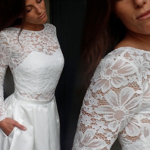Wedding dress long sleeves: wedding bodysuit with open back, wedding crop top and satin wedding skirt with pockets, two pieces wedding dress