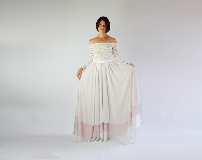 Lace off the shoulder top with long sleeves and layered chiffon skirt off white and blush color