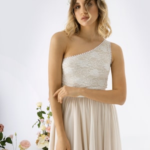 wedding bridal gowns separates: top with one shoulder + tulle skirt. Boho wedding dress, garden wedding, elopement, simple wedding dress