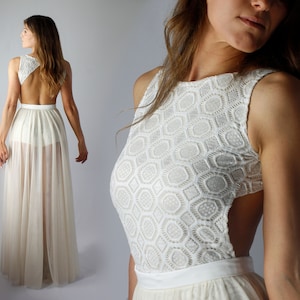 Wedding jumpsuit with detachable tulle skirt, two pieces wedding dress: short lace bridal romper, bridal jumpsuit, tulle transparent skirt