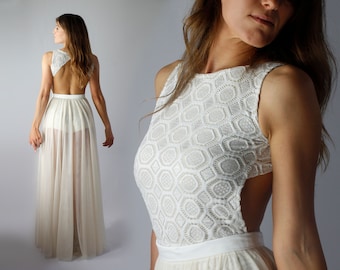 Hochzeitskleid mit abnehmbarem Tüllrock, zwei Stück Hochzeitskleid: kurzer Spitzen-Braut-Strampler, Braut-Jumpsuit, Tüll-Transparentrock