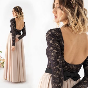 Black wedding dress: wedding lace bodysuit and satin skirt blush color for gothic wedding dress, reception dress, eleopement dress, casual