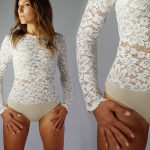 Wedding Lace Bodysuit With Long Sleeves and Open Back, Lace Bridal Bodysuit  With Low Back, Wedding Separates Dress, Boho Lace Wedding Top 