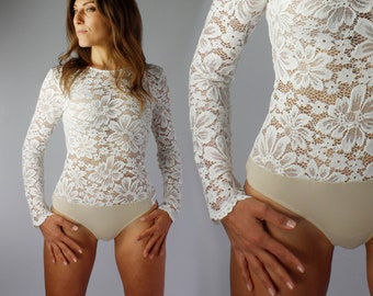 Wedding lace bodysuit with long sleeves and open back, lace bridal bodysuit with low back, wedding separates dress, boho lace wedding top