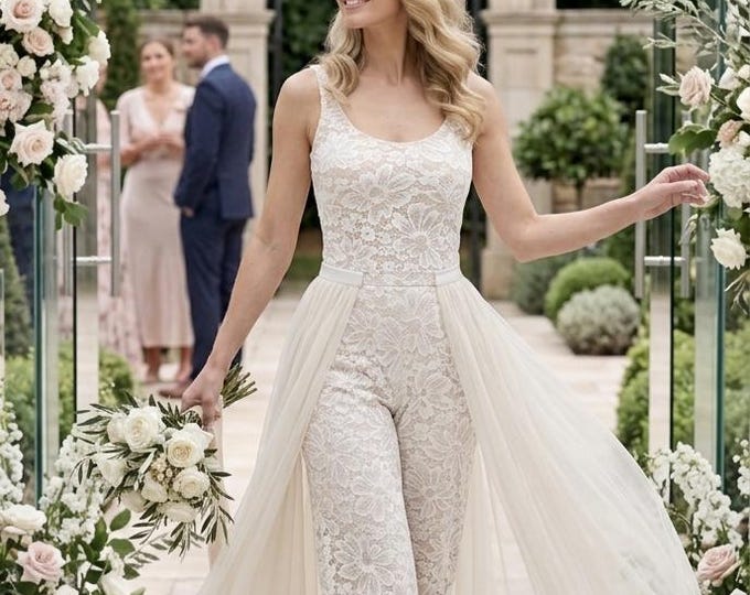 Wedding jumpsuit composed by long lace trousers and lace bodysuit