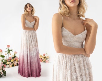 Robe de mariée en dentelle ombre: body en dentelle avec fines bretelles et bas du dos avec jupe ombre en dentelle, robe de mariée séparée boho pour mariage de jardin