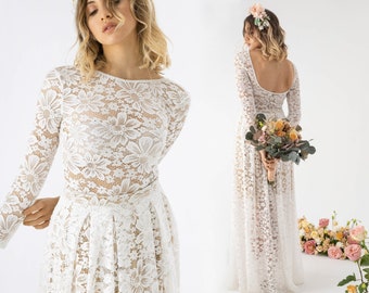 May include: A long-sleeved white lace dress featuring a floral pattern, a round neckline, and a low-cut back. The garment is shown from both the front and the back, with the back view displaying a full-length skirt and a floral headpiece.