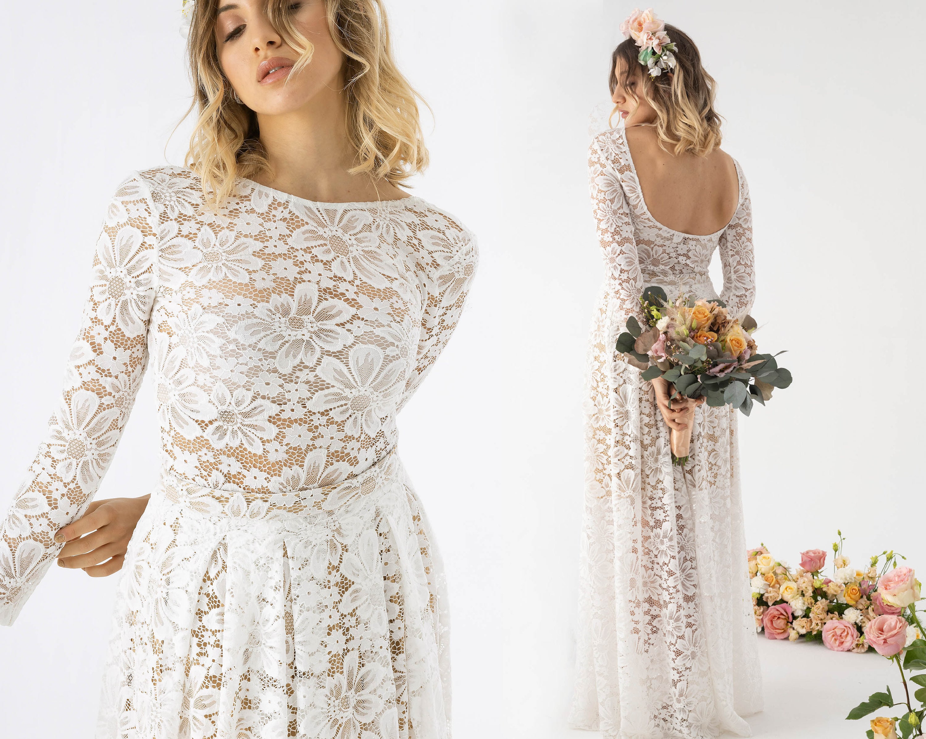 Lace bodysuit with long sleeves and low back with lace skirt