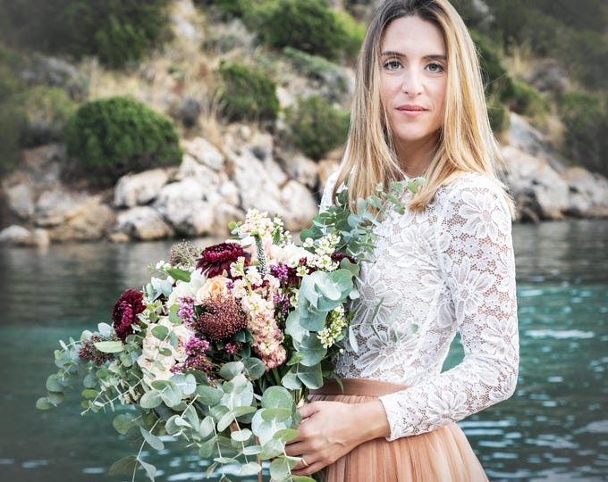 Lace bodysuit with long sleeves and low back with terracotta tulle skirt