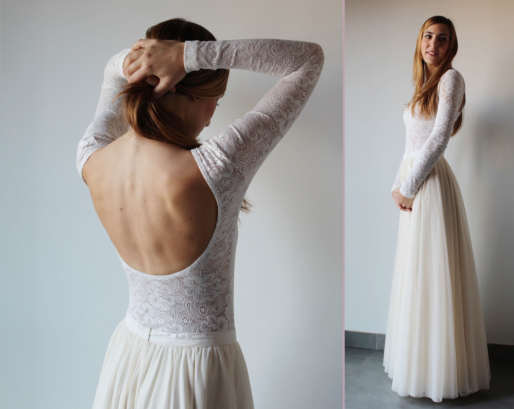 Lace bodysuit with long sleeves and low back with tulle skirt