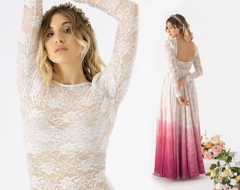Ombre wedding dress, boho wedding dress, two pieces wedding dress: lace bodysuit + dip dyed lace wedding skirt for elopement or registry