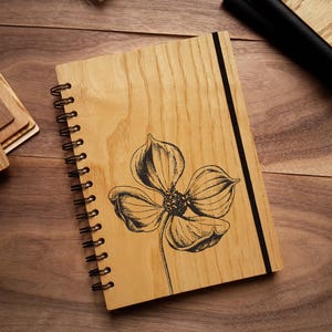 Wooden Notebook, Custom Flower Journal ( Blank or Line Ivory Pages / Personalized Wood Travel Journal )