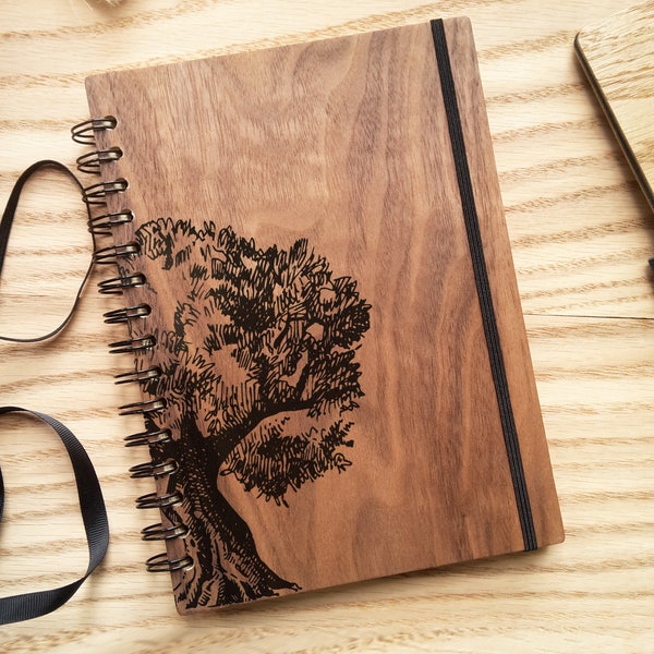 Wooden Notebook, Custom Tree Journal ( Blank or Line Ivory Pages / Personalized Wood Travel Journal )