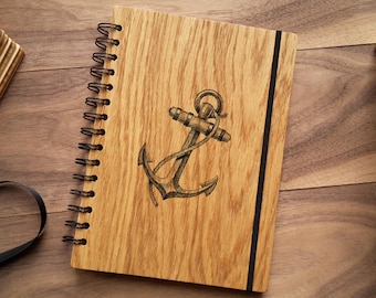 Wooden Notebook, Custom Anchor Journal ( Blank or Line Ivory Pages / Personalized Wood Travel Boat Journal )