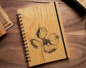 Wooden Notebook, Custom Flower Journal ( Blank or Line Ivory Pages / Personalized Wood Travel Journal )